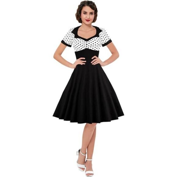 Vintage Polka Dot Cocktail Party Swing Dress Retro Style A-Line V